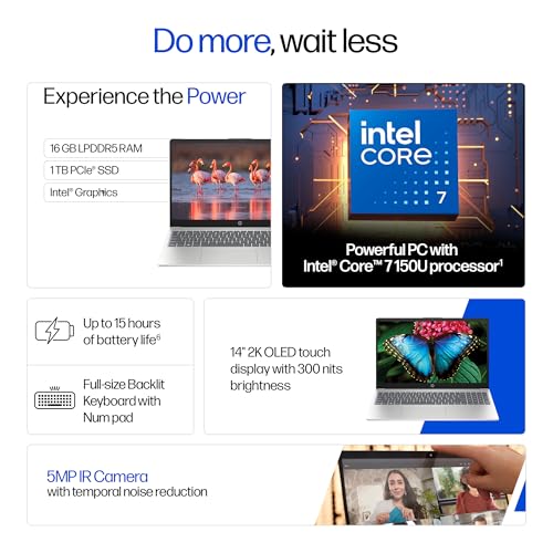 HP OmniBook 5 Flip (Previously Pavilion), Intel Core 7 150U (16GB LPDDR5,1TB SSD) 2K, 300 nits, 14''/35.6cm, Convertible, Win11, M365, Office24, Glacier Silver,1.65kg, fp0690TU, Pen, 5MP Camera Laptop