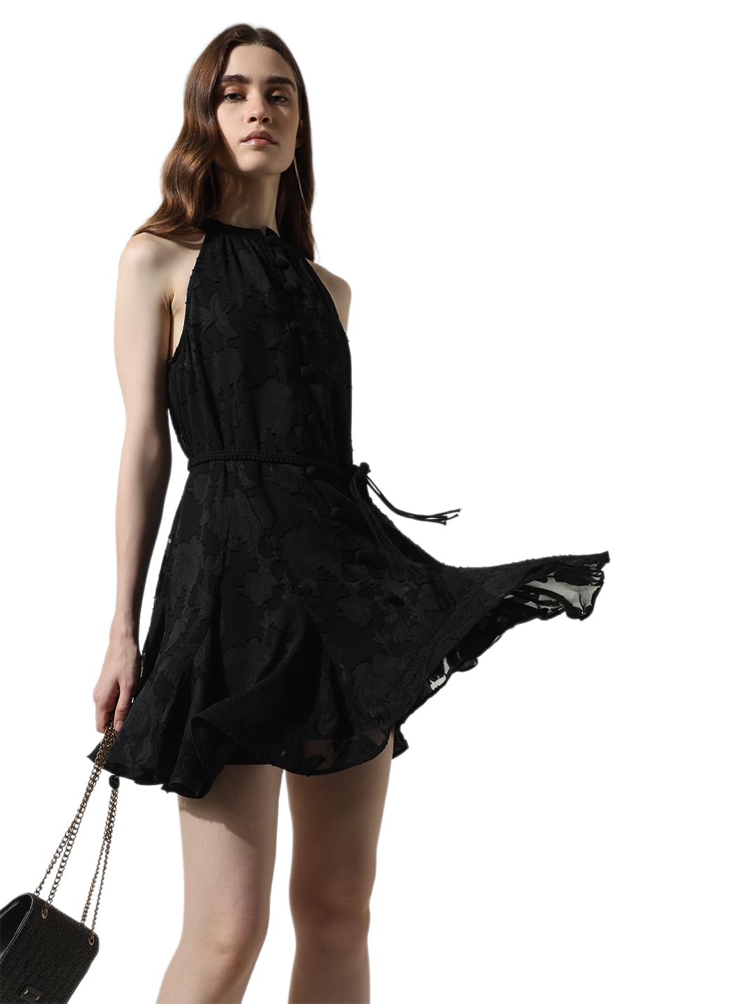 ONLY Women Self Design Polyester Above Knee Black A-line Dress