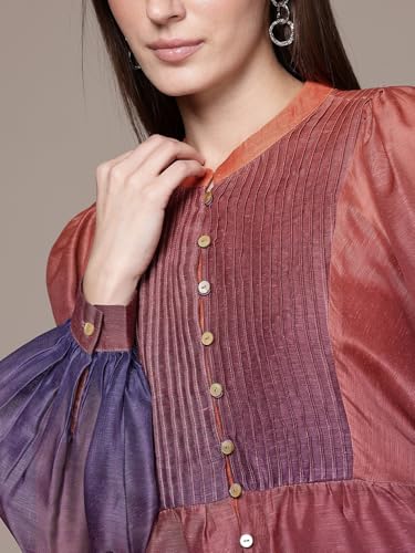 Label RITU KUMAR Band Collar Full Sleeves Ombre Top with Inner Purple