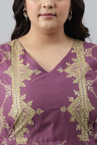 W for Woman Women's Cotton Plus Size Purple Festive Gathered Dress with Sequin Calf Length Orchid - SaumyasStore