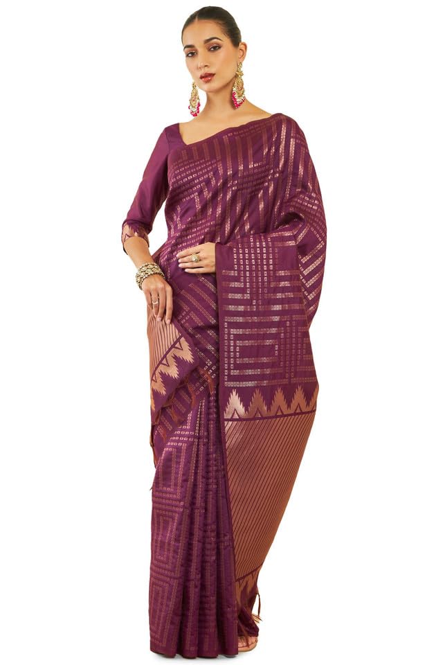 Soch Womens Wine Tussar Saree With Zari Woven Geometric Patterns