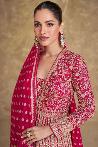Miss Ethnik Women's Pink Chinon Stitched Gown With Dupatta Full Sleeve Embroidered Anarkali Gown (ME-1275-Pink-XXL)