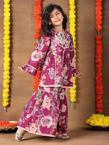 superminis Girls Cotton Floral Printed Gotta Work Full Sleeves Kurti and Matching Sharara Ethnic Wear Set (6-12 Months Purple)