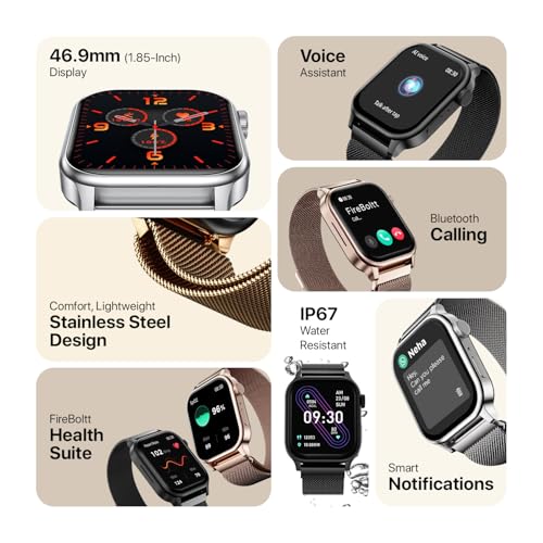 Fire-Boltt Rise Luxe Smart Watch, 1.85" HD Display, Metal Body with Bluetooth Calling, Rotating Crown, AI Voice Assistant, 120 Sports Modes, Neon UI, SpO2 & Heart Rate Monitoring (Rose Gold Mesh)