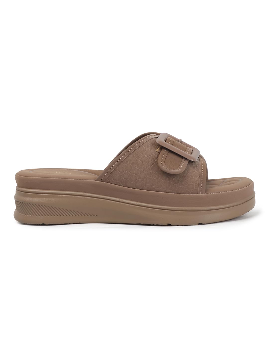 Elegant Slide Women Sandals with Bold Buckle and Soft Quilted Footbed for Everyday Comfort (Chiku, UK Footwear Size System, Adult, Women, Numeric, Medium, 9)