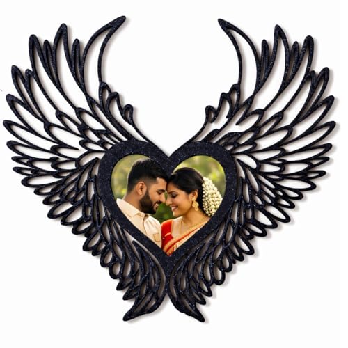 MS Customized Angel Wings Heart Photo Frame, Black, Wall Mount, Romantic wedding Gift for Couples