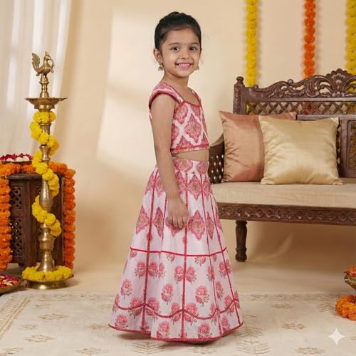 Q-one Store Girls Rayon Lehenga Choli Set with Inner Cape | Lacework Floral Printed Kids Ethnic Wear | Traditional Indian Outfit for Girls (2–10 Years) (2-3 Years)