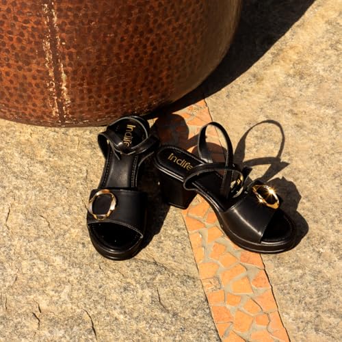 Indifeet Heels for Women Woman Stylish Velcro Sandals Ladies Latest Block Heel Chappals Girls Comfortable Party Sandal Female Fancy Buckle Chappal Footwear Women’s Trendy Fashion Slippers Black