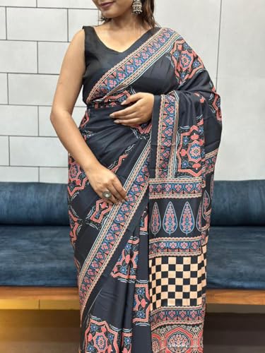SHANTVAN GALLERY Crepe Silk Sarees for Women Crepe | Designer Printed Women Saree with Unstitched Blouse Piece | Soft Lightweight Crepe Saree (Black Peach Ethnic)