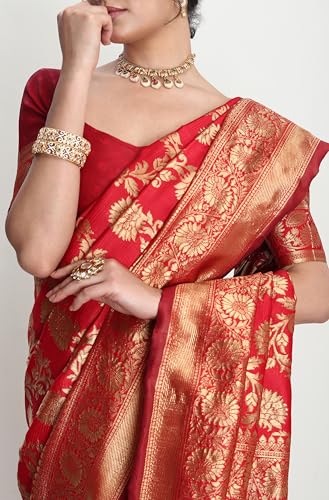 Janasya Women's Red Silk Blend Floral Woven Design Jacquard Saree with Blouse Piece