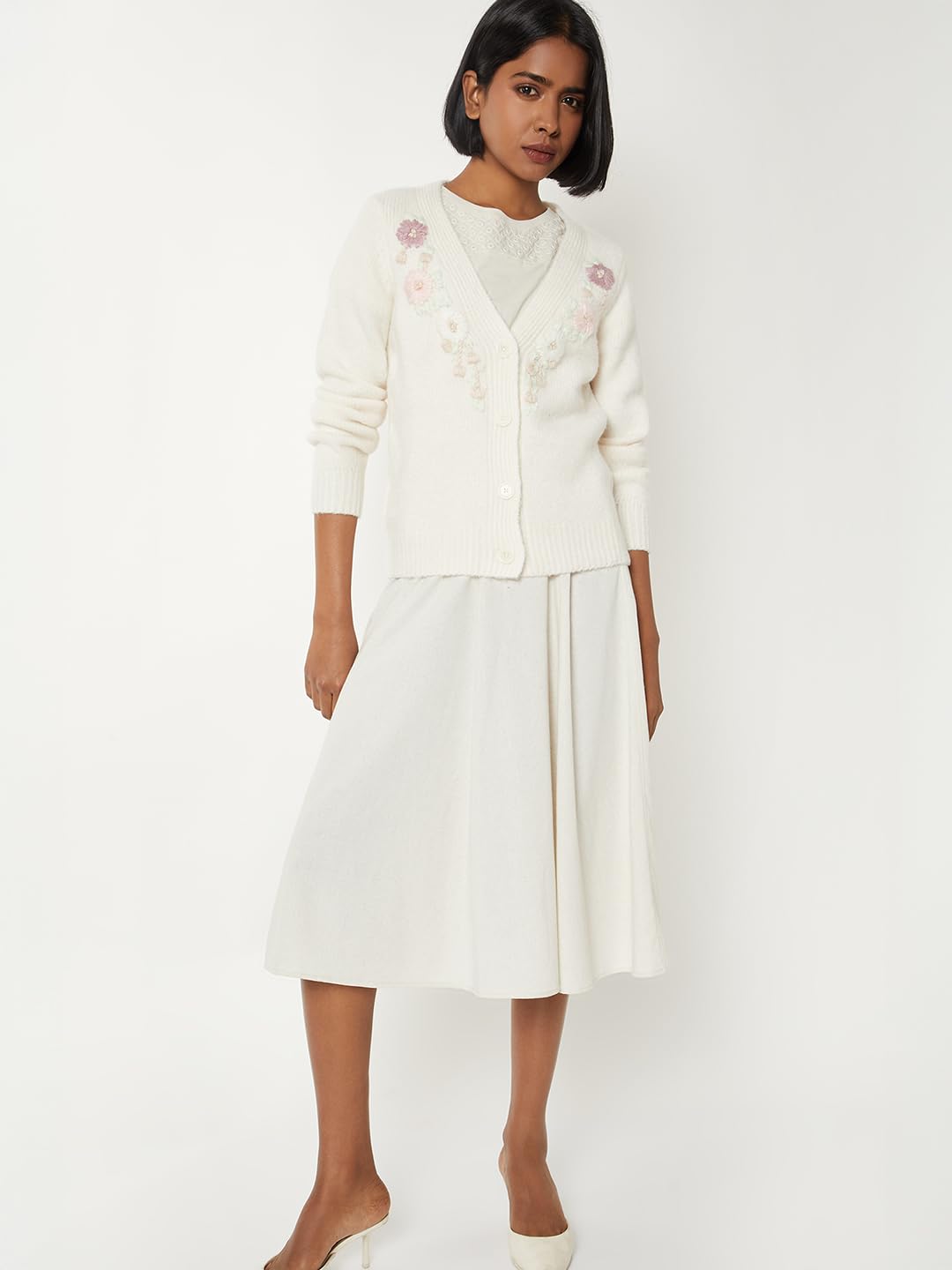 Max Women Floral Embroidered Cardigan (Off White_L)