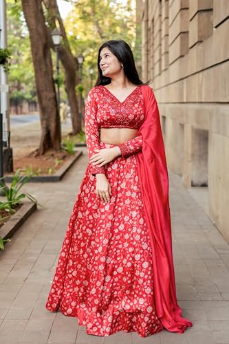 essaySumedha Agrawal Organza Satin Organza Santoon Floral Lehenga for Women (Size: L, Red)