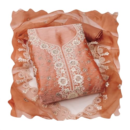 MANVAA Women'S Peach Unstitched Heavy Thread Sequence Embroidery And Fancy Border With Embroidered Dupatta Golden Cursh Dress Material (MSMFC11487D)