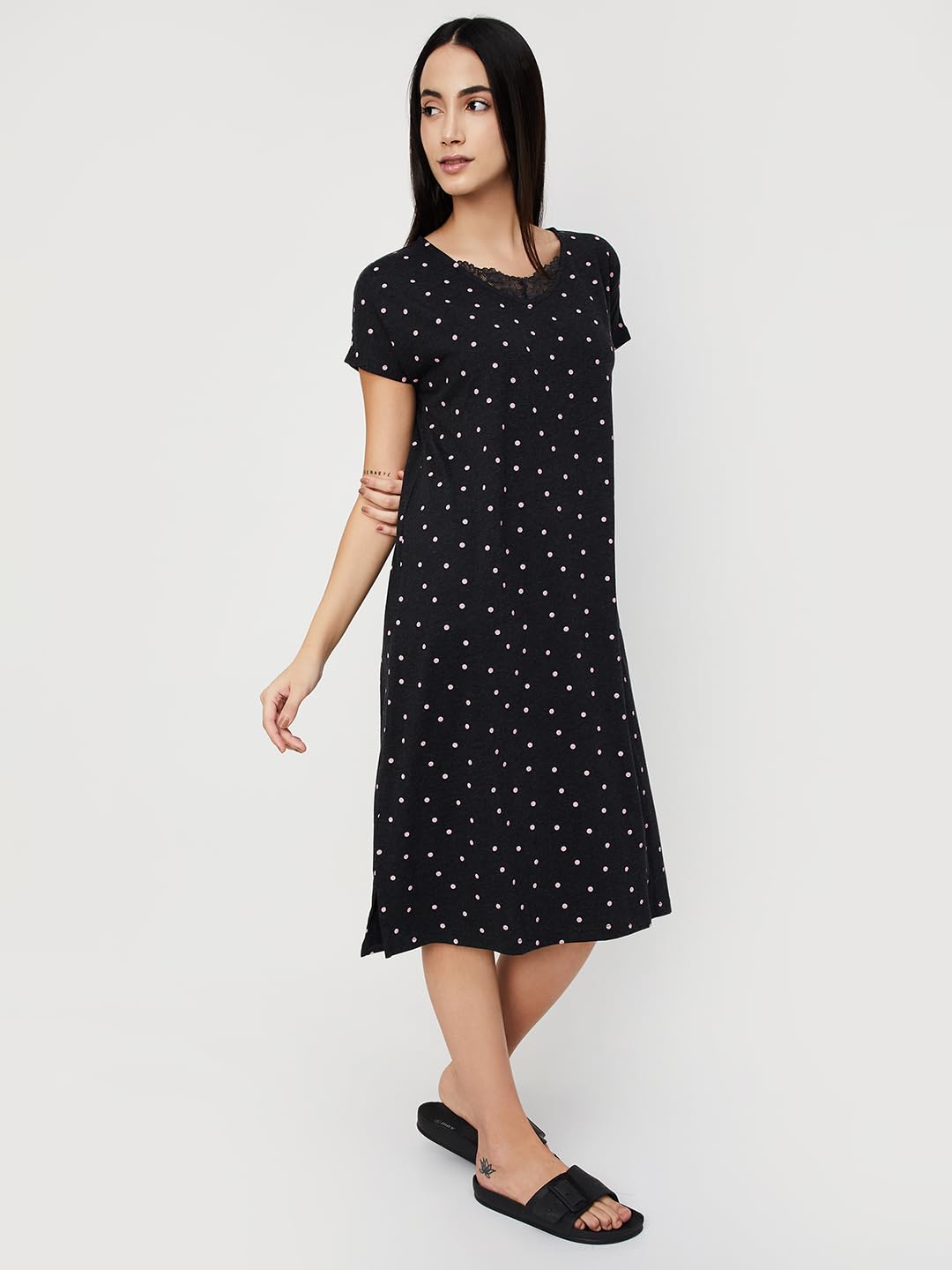 Max Women Cotton Blend Floor Length Classic Nightgown (PA24KG03_Anthra Marl_XXL 2XL),Black