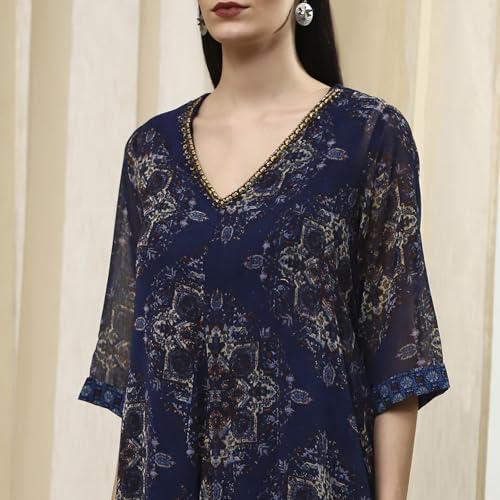 Biba Women's Georgette A-Line Knee-Length Casual Dress (VINWIN30557AW25BLU_Blue