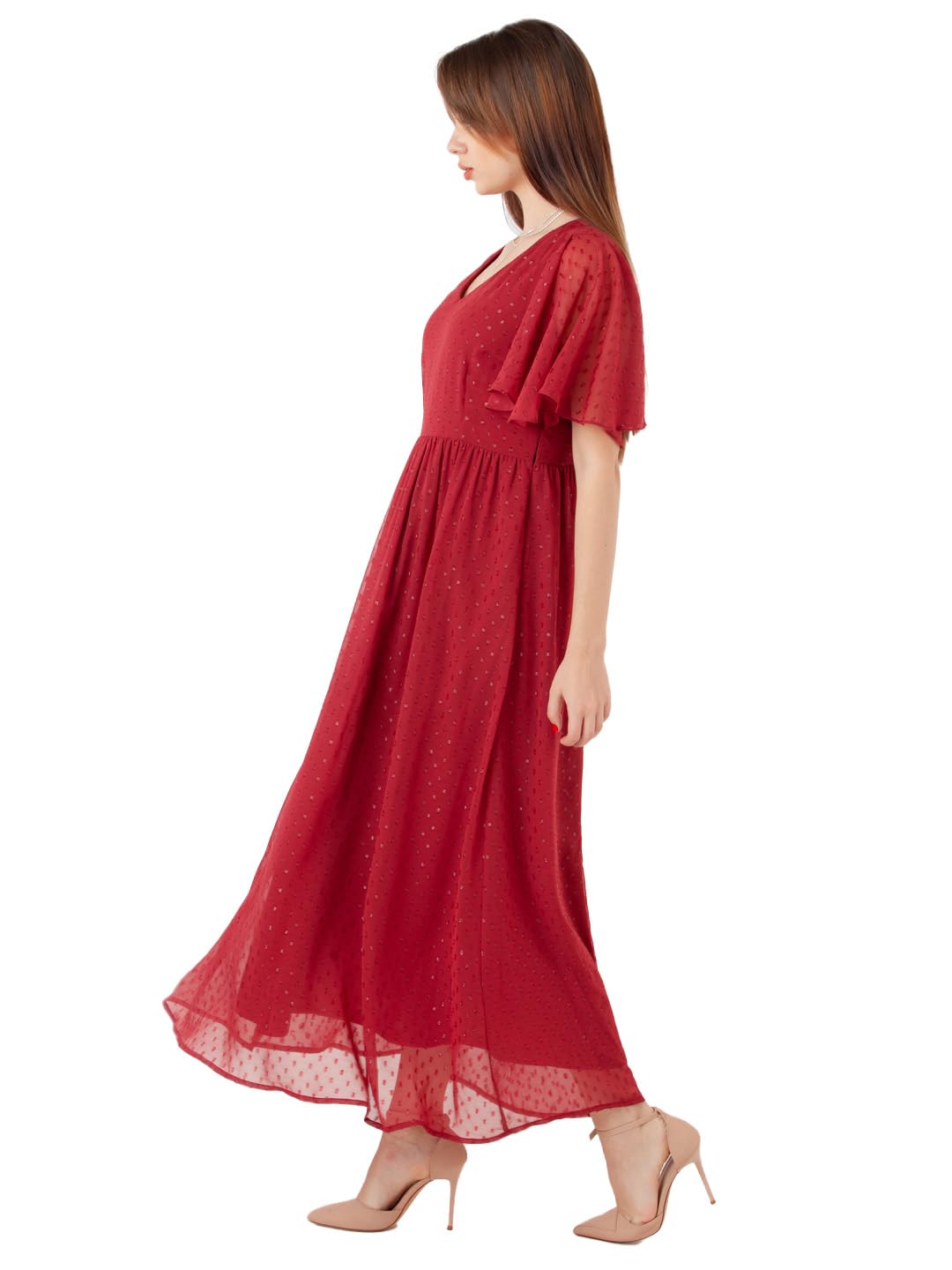 Zink London Women's Maroon Self Design Regular Maxi Dress