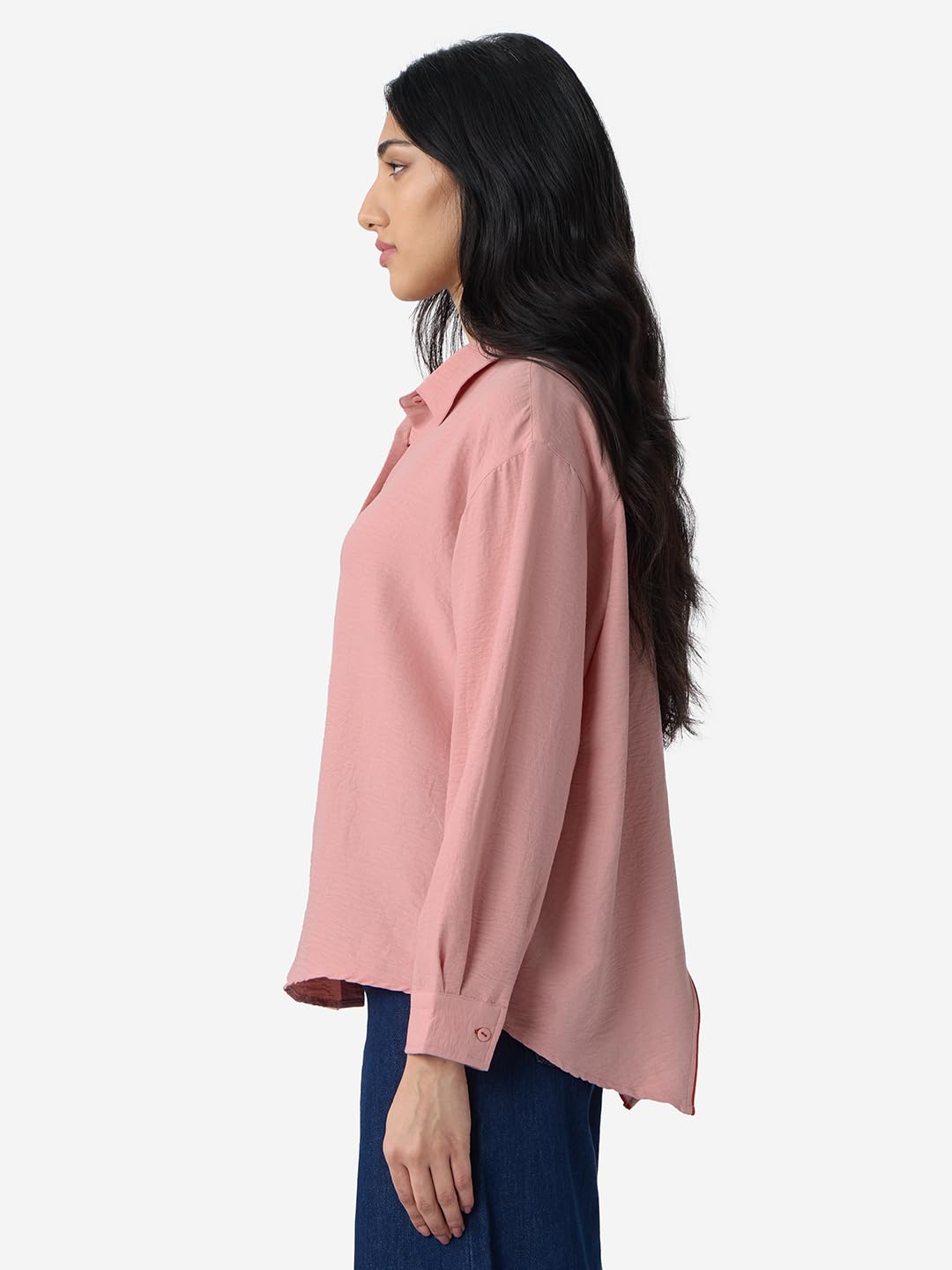 The Souled Store Textured Shirt: Rose Pink Women and Girls Long Sleeves Collared Neck Button Front Viscose Blend Boyfriend Shirts
