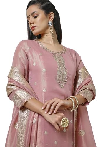 Soch Womens Pink Zari Woven Straight Tissue Suit Set With Sequins