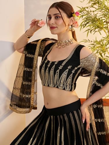Zeel Clothing Women's Cotton Thread Sequins Work Embroidery Soft Net Lehenga Choli With Dupatta (NFH-2149-Black-Women-Lehenga-Choli; Free size) (Black)