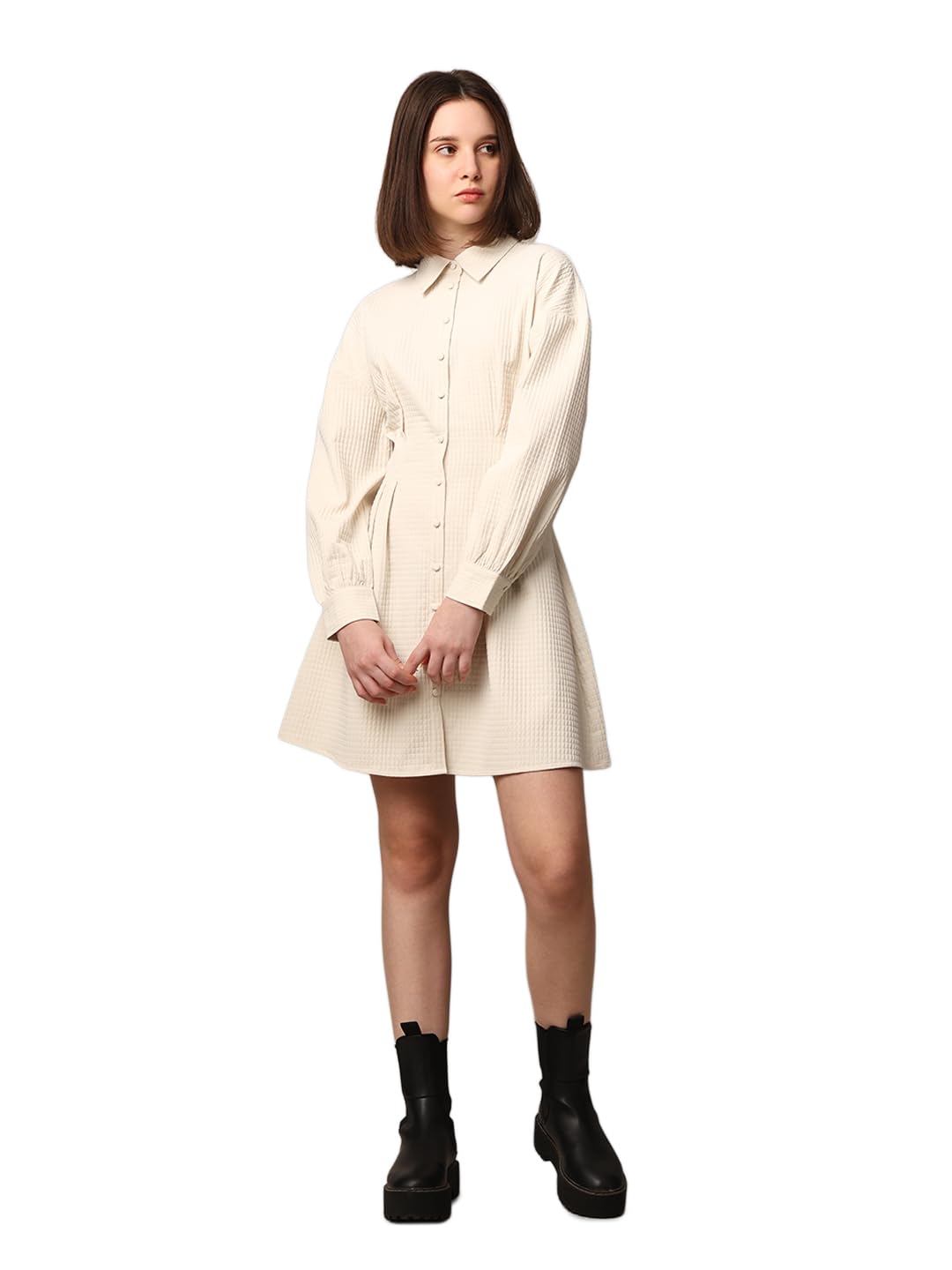 ONLY Women Textured Fit and Flare Casual Beige Shirt Dress