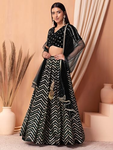 Zeel Clothing Women's Sequins Zari Embroidered Georgette Designer Lehenga Choli with Dupatta (7094-Black-Womens-Lehenga-Choli-Latest; Free Size) (Black)