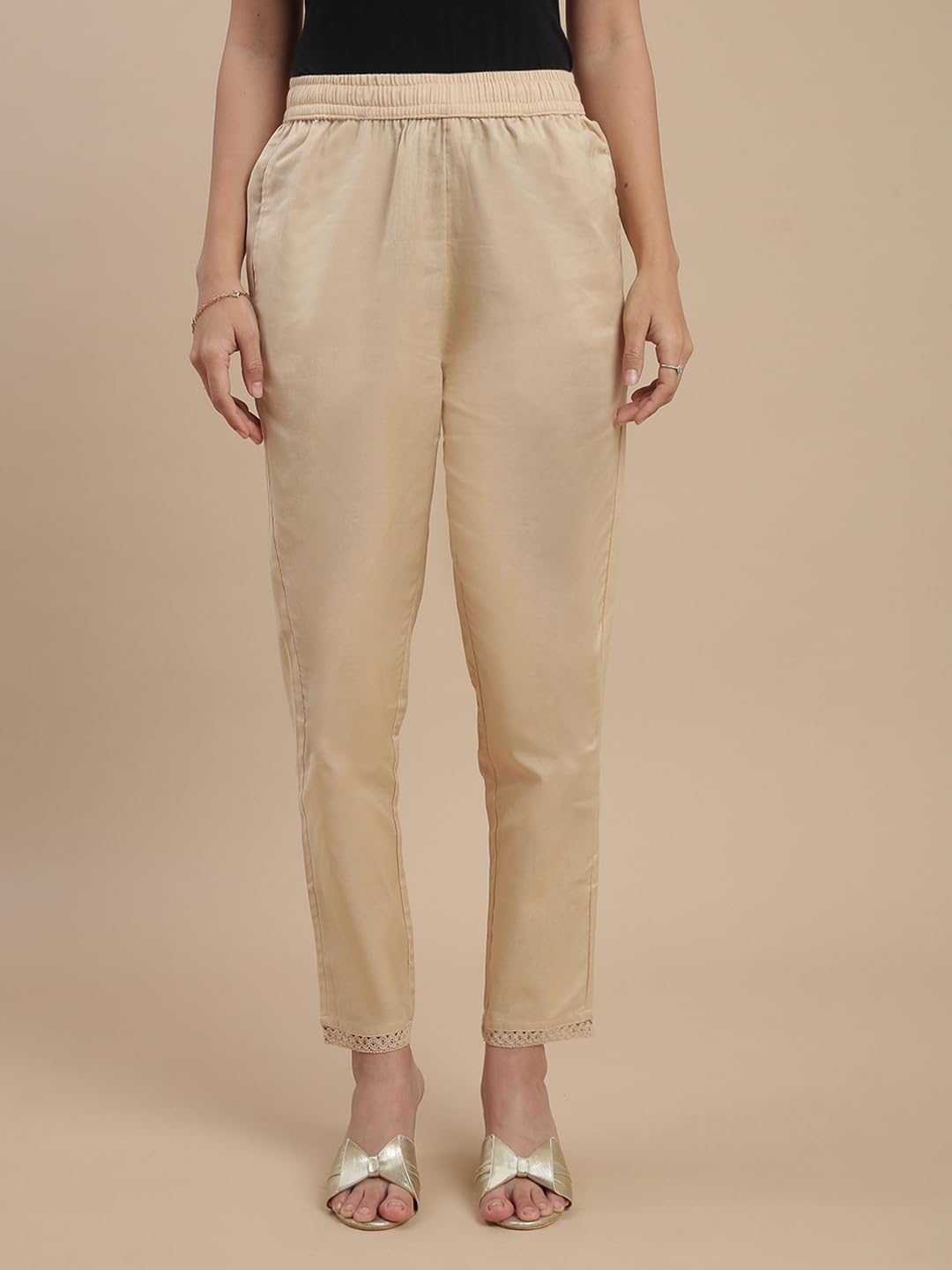 De Moza Women Regular Fit Lace Cigarette Pant - Light Beige | 100% Cotton Flex | Mid Rise | 2 Pockets | Casual & Office Wear