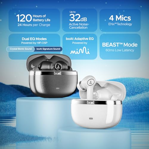 boAt Nirvana Ion ANC, Active Noise Cancellation(~32dB), 120Hrs Battery, App Support, Crystal Bionic Sound, 4Mics ENx, v5.3 Bluetooth Earbuds, TWS Ear Buds Wireless Earphones with mic (Quartz White)