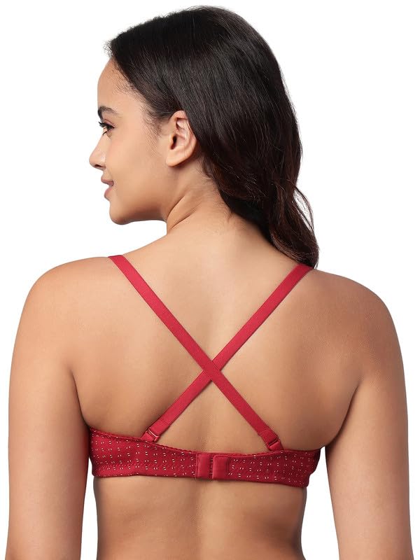 Clovia Women's Cotton Printed Padded Full Cup Wire Free T-Shirt Bra (BR1283P04_Red_34C)