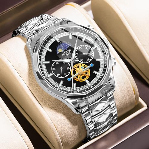 NIBOSI Chronograph Fly Wheel Watch For Men Analog Quartz Dress Diamond Business Stainless Steel Watches Date Luxury Men's Wristwatch|Birthday Gift For Men|Gift For Husband, Brother (Silver-Black)