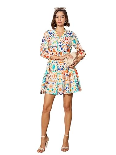 barcino Motif Printed Shawl Collar Tiered Dress Multicolor