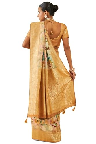 Soch Womens Gold Tussar Floral Print Saree With Zari Woven(8907175714256)