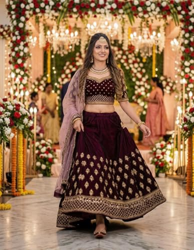 Gopkanya enterprise Women's Designer Silk Maroon Lehenga Choli Set with Heavy Gold Zari Embroidery - Readymade & Ready to Wear Bridal Lehenga for Weddings, Engagements, and Festive Receptions
