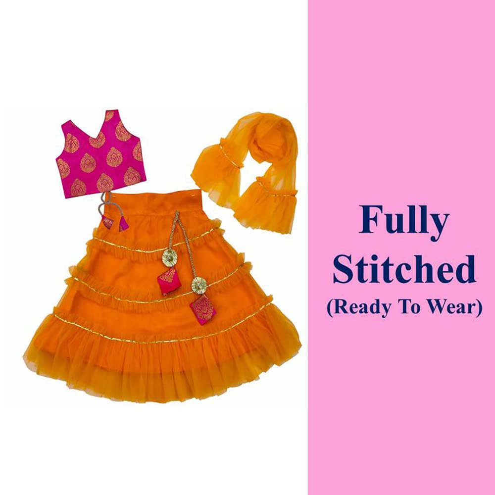 satyamfab Girls' Fully Stitched Mono-Net Lehenga Choli Set and Elegant Design for Effortless Glamour Stylishly Stitched Choli, Graceful Dupatta, Ready-To-Wear (5133_orange KANIKA (12-18 Months)