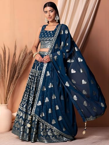 Zeel Clothing Sequins Thread Embroidered Work Pure Georgette Semi Stitched Lehenga Choli With Dupatta (5117-Blue-Women-Lehenga-Choli-Latest; Free Size)