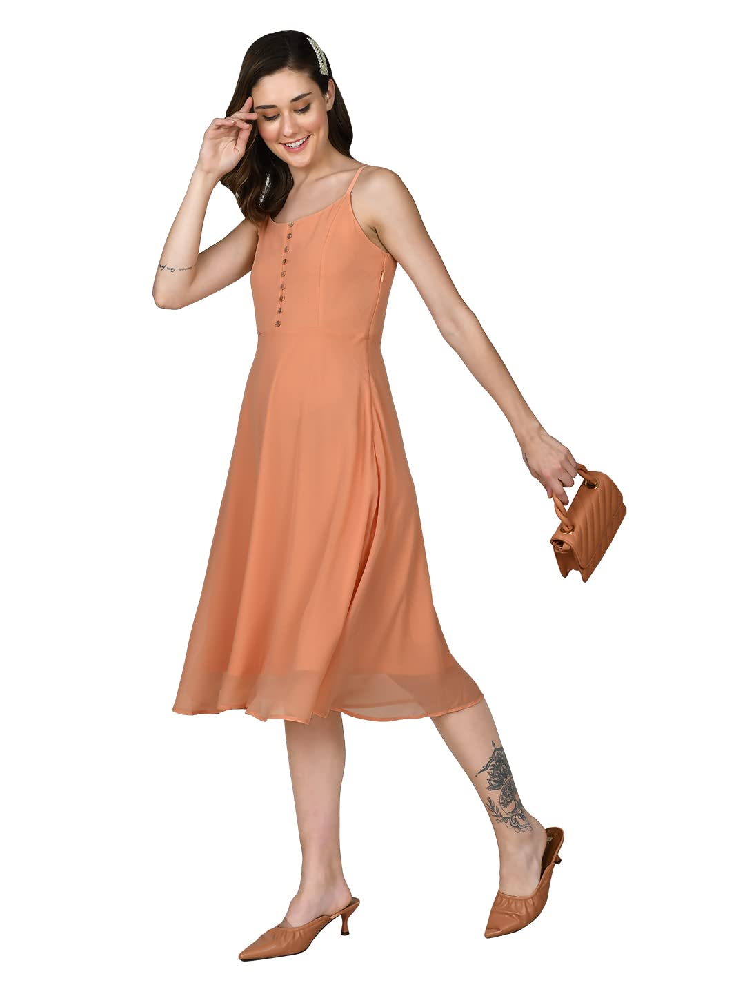 Zink London Women's Orange Solid A-Line Midi Dress