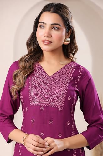 Janasya Women's Purple Rayon Embroidered Straight Kurta (JAA25KR01984-M)