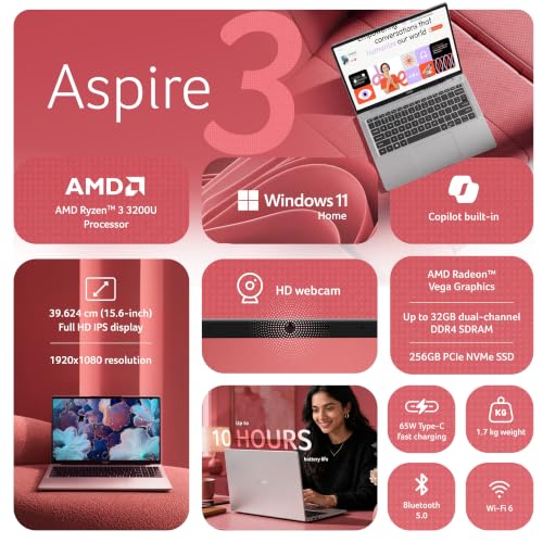 Acer Aspire 3,AMD Ryzen 3 3200U, 8GB DDR4 RAM/256 SSD, 39.62 cm /15.6" FHD IPS Display, Win 11Home, Silver, 1.7 Kg, A325-39, BL Keyboard, Thin & Light Laptop