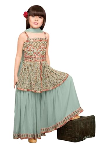 DIGILINE Georgette Embroidered Square Neck Sleeveless Kurti Sharara Set With Dupatta | Casual Stylish Kurti Sharara set for girls