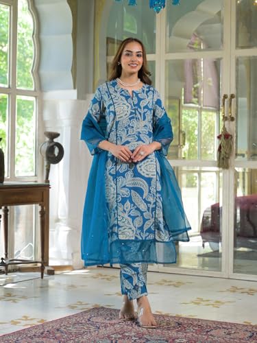 Divena Blue Rayon Floral Printed Kurta Pant with Dupatta
