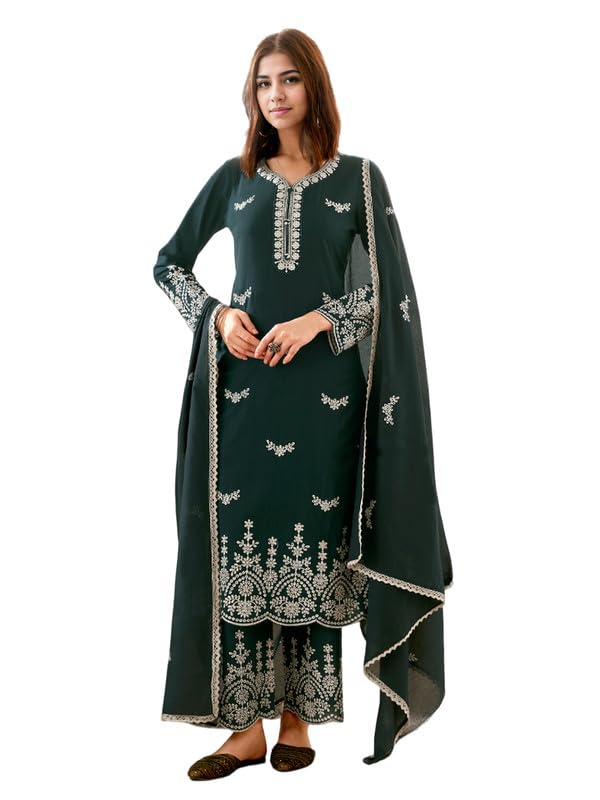 V4M Women's Embroidered Teal Blue Straight Pure Cotton Kurta Set