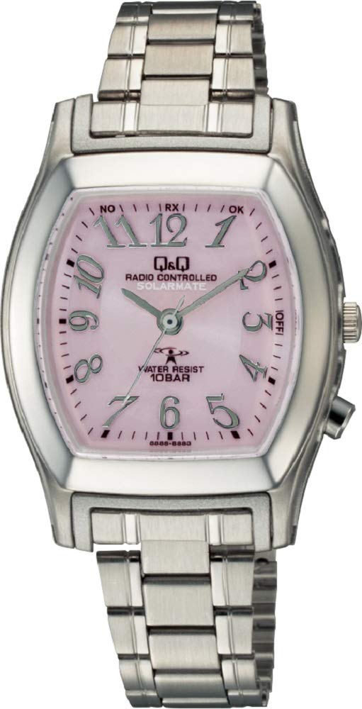 Citizen Q&Q HJ05-205 Women's Watch, Analog, Radio, Solar, Waterproof, Metal Band, Pink, silver/pink, Wristwatch, Solar Radio, Tonneau Type, Simple