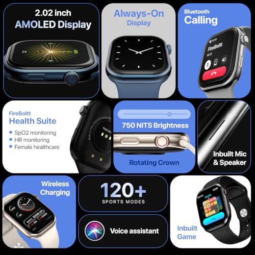 Fire-Boltt Brillia Smart Watch with 51.3mm (2.02 inch) AMOLED Display, Bluetooth Calling, SpO2, Heart Rate Monitoring, 120+ Sports Modes, IP67 Waterproof, Long Battery Life