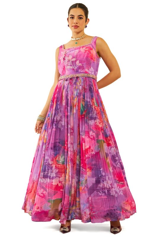 Soch Womens Purple Crepe Floral Printed Ethnic Gown with Dupatta