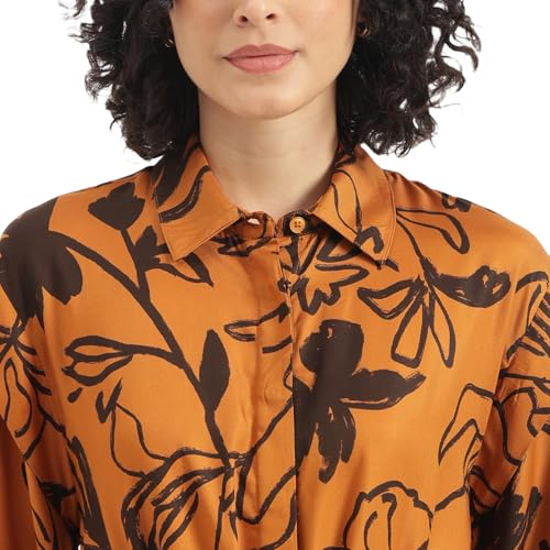 United Colors of Benetton Spread Collar Floral Stylised Long Shirt Dress (Size : XL)-25A4WVNDR202I902 Brown