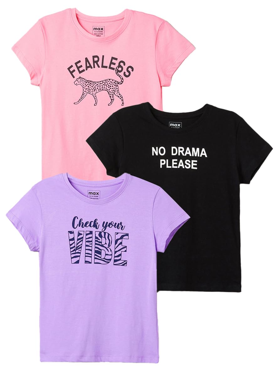 Max Girls Cotton Regular Fit Printed Round Neck Half Sleeve T-Shirt - Pack of 3, Blue, 15-16 Years