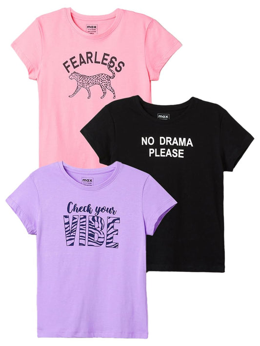 Max Girls Cotton Regular Fit Printed Round Neck Half Sleeve T-Shirt - Pack of 3, Blue, 15-16 Years