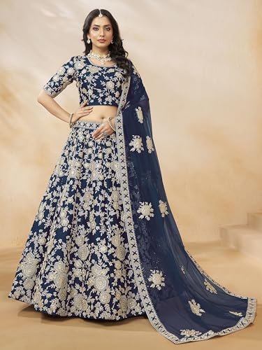 Zeel Clothing Women's Dori With Sequins Embroidered Work Slub Silk Designer Lehenga Choli with Dupatta (7099-Womens-Lehenga-Choli-Latest; Free Size) (Blue)