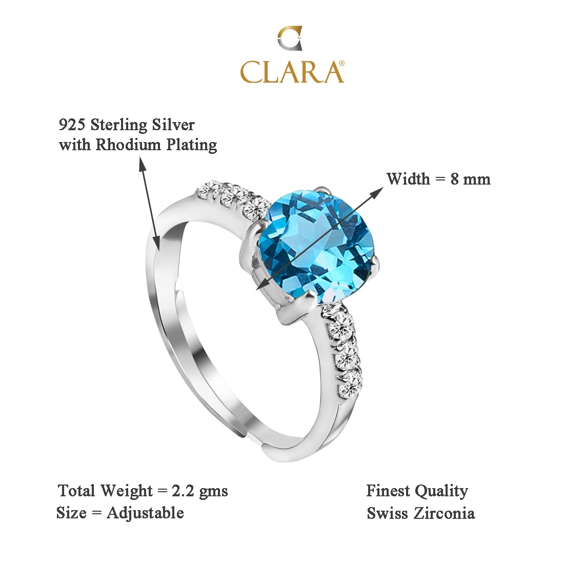 CLARA 925 Sterling Silver Sky Blue Eye Ring with Adjustable Band | Rhodium Plated, Swiss Zirconia | Gift for Women & Girls