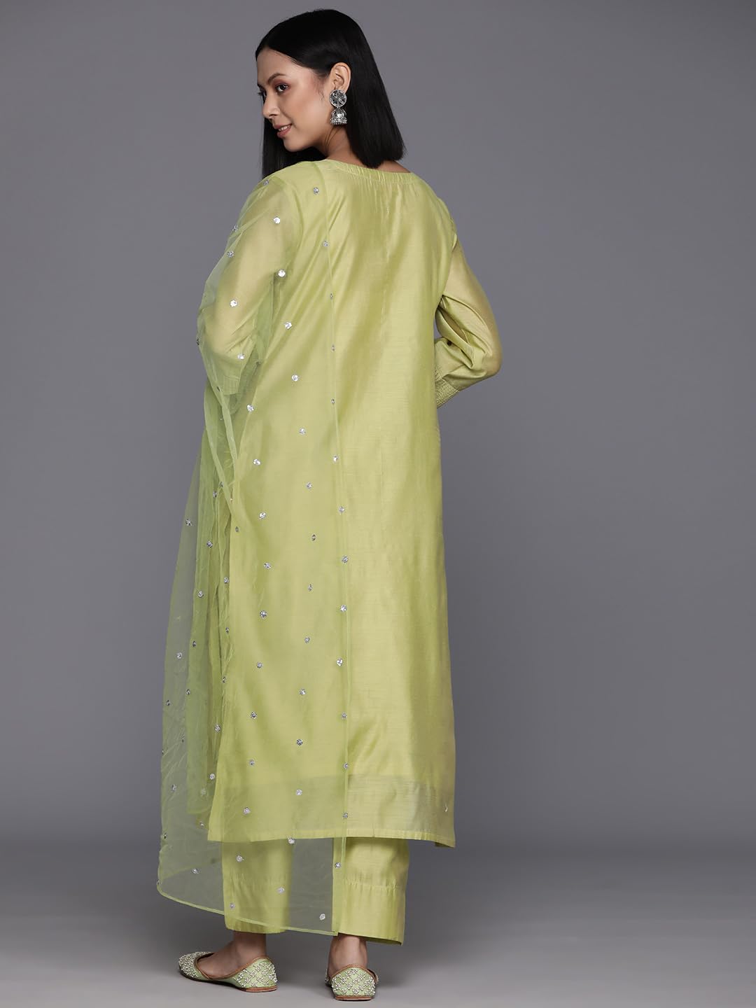 DISHWA FASHION Women's Embroidered Chanderi Kurti, Salwar and Dupatta Set (XX-Large, GREEN)