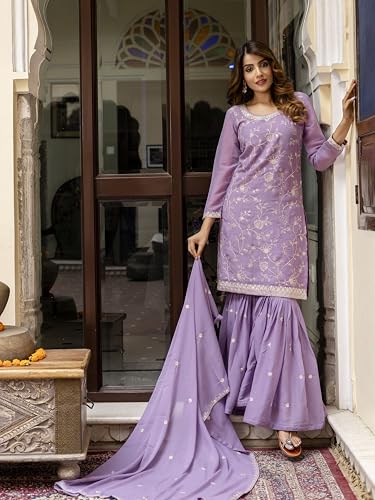 TRENDMALLS Women's Art Silk Embroidery Kurta Sharara Set with Dupatta (G313-LightPurple-L)